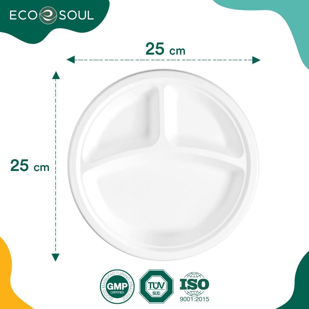 ECO SOUL Pearl White 25cm Runde Bagasse Pappteller mit 3 Fächern (100 Stück), Einweggeschirr und 100% Kompostierbar