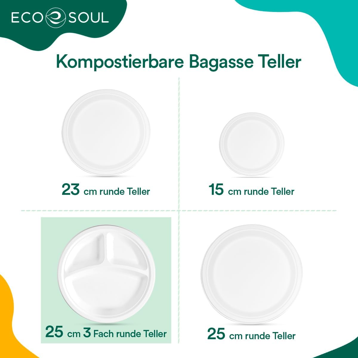ECO SOUL Pearl White 25cm Runde Bagasse Pappteller mit 3 Fächern (100 Stück), Einweggeschirr und 100% Kompostierbar
