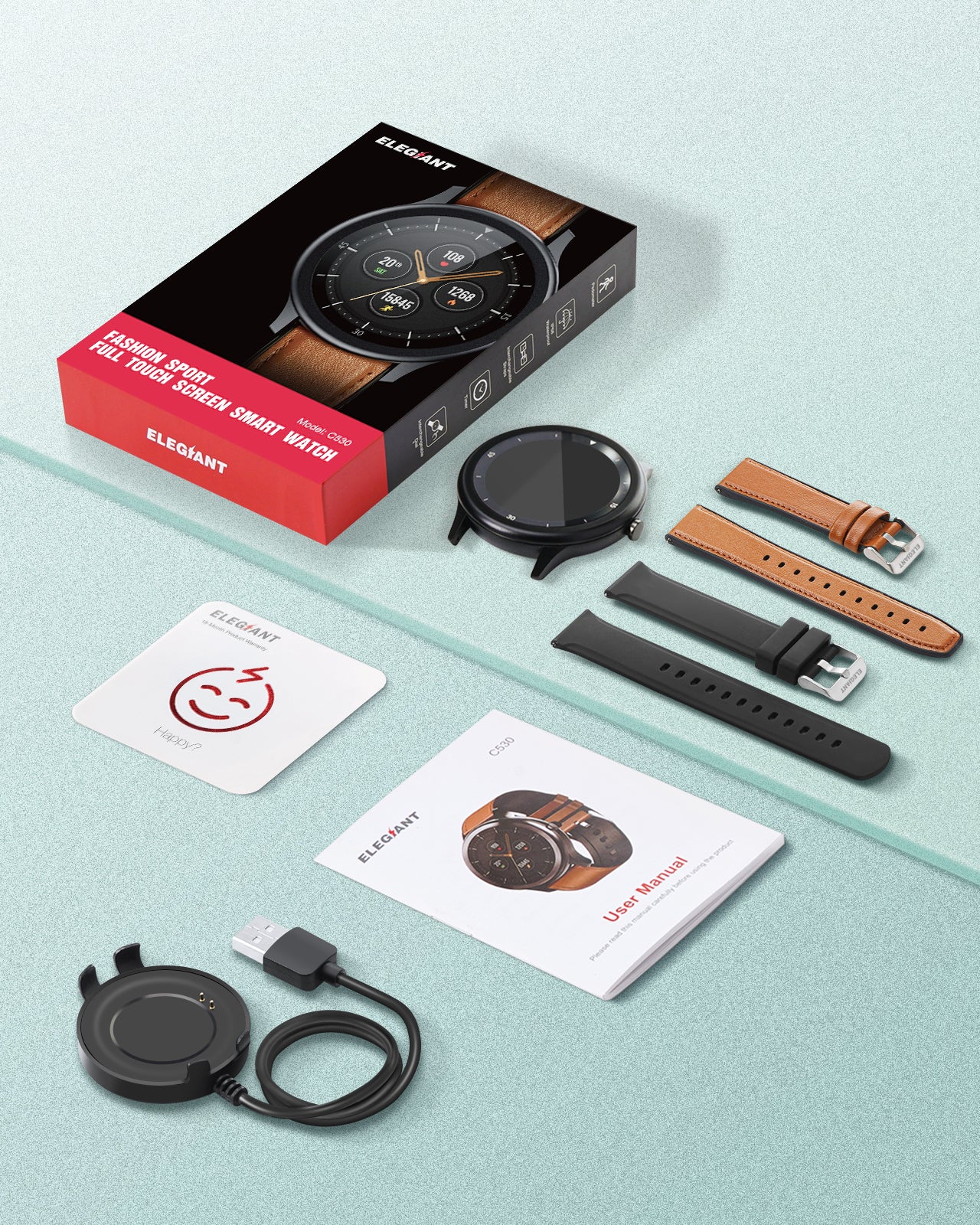 ELEGIANT C530 Smartwatch, IP68, Fitness-Tracker mit 2 Armbändern