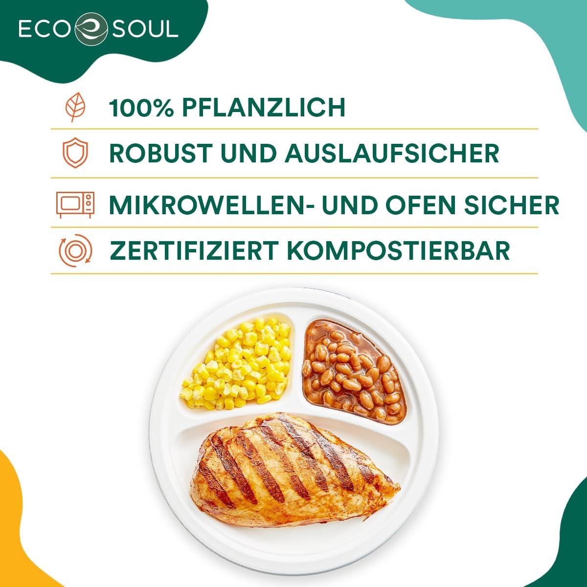 ECO SOUL Pearl White 25cm Runde Bagasse Pappteller mit 3 Fächern (100 Stück), Einweggeschirr und 100% Kompostierbar