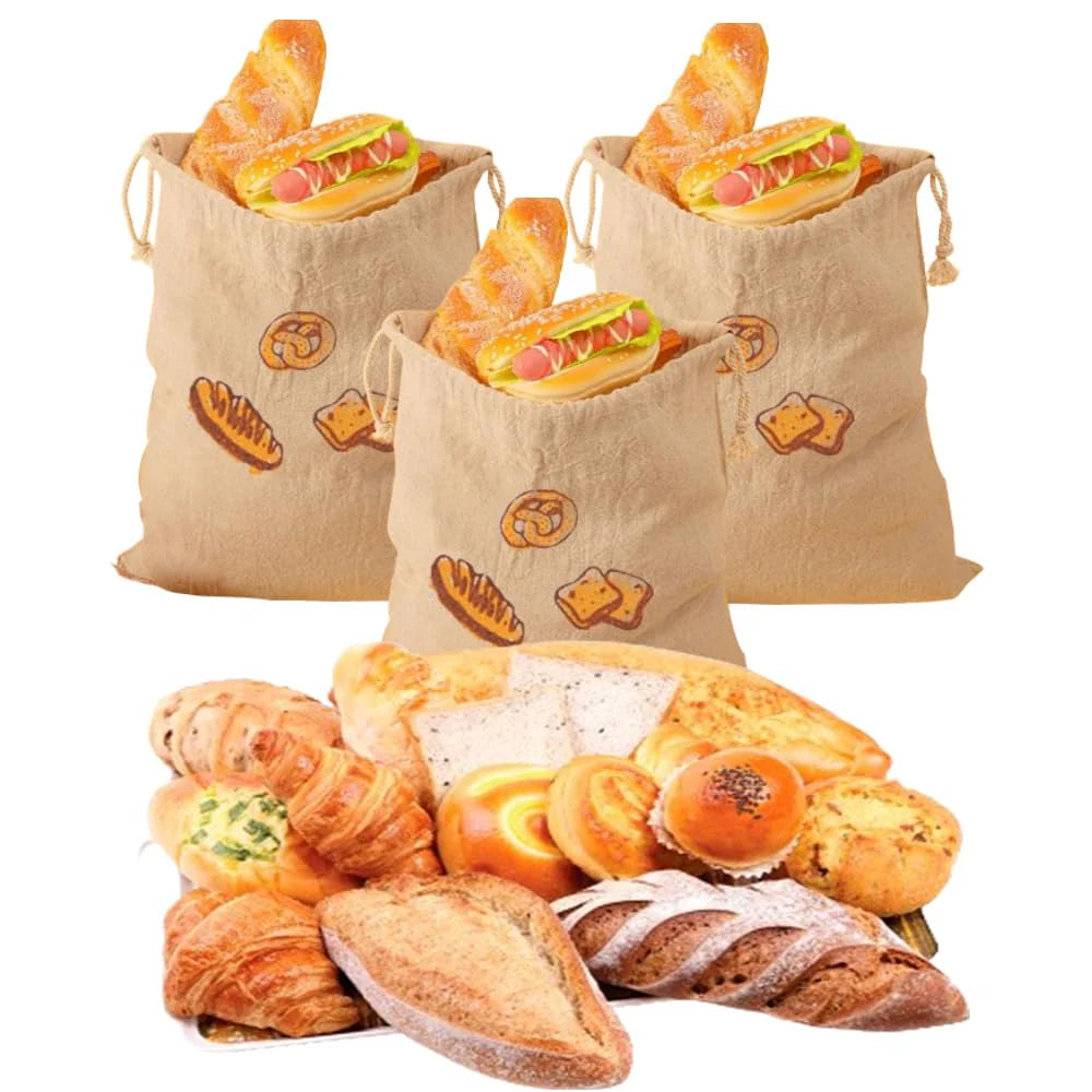 3er Pack Brotbeutel aus Leinen, wiederverwendbarer Bäckerleinen Brotbeutel, Brotbeutel mit Kordelzug, für Beutel für Brot, Baguette