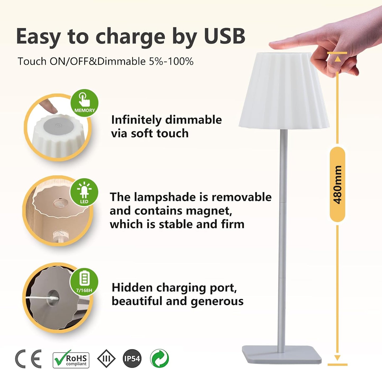 FLORNIA Dimmbare LED Akku Tischlampe Batterie betrieben