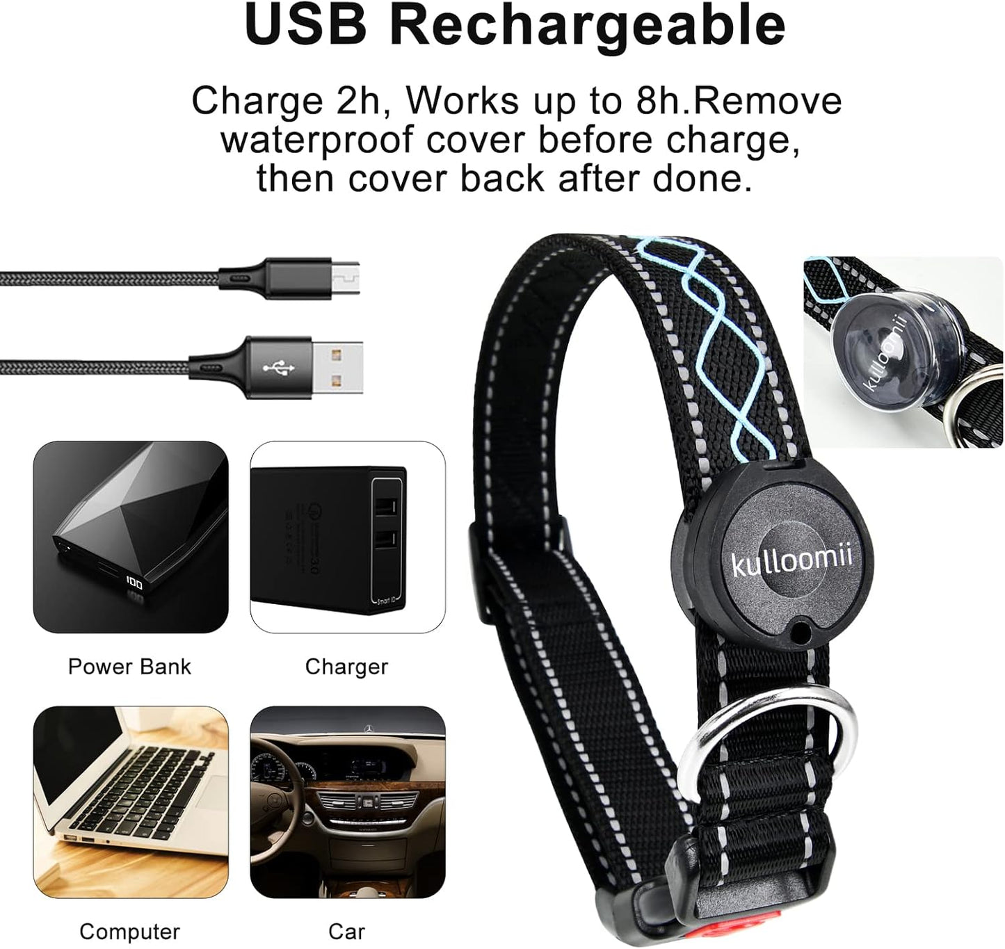 Hundehalsband Leuchtend - LED Blinklicht und Reflektorstreifen - USB. Leuchtet weiß