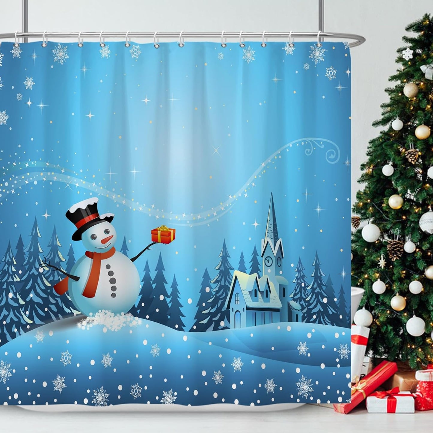 Ttincceer Schneemann Duschvorhang Weihnachten 180x200cm Cartoon Schneemann Wald Schnee