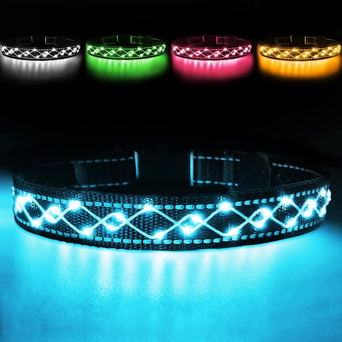 Hundehalsband Leuchtend - LED Blinklicht und Reflektorstreifen - USB. Leuchtet weiß