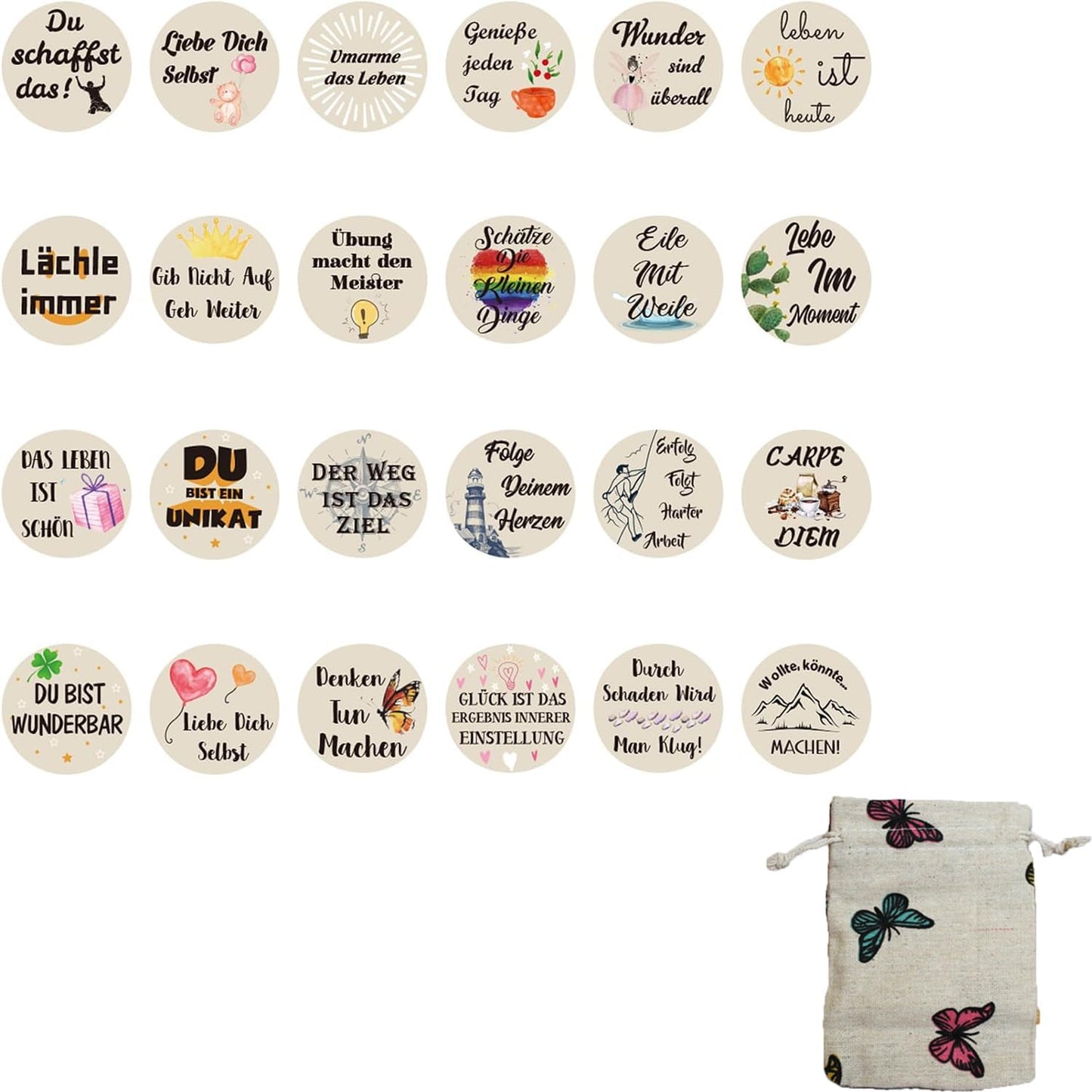 Glücksbringer aus Holz, 24 Stück Mutmacher Geschenk, Sprüche Motivation Glücksbringer Tischdeko