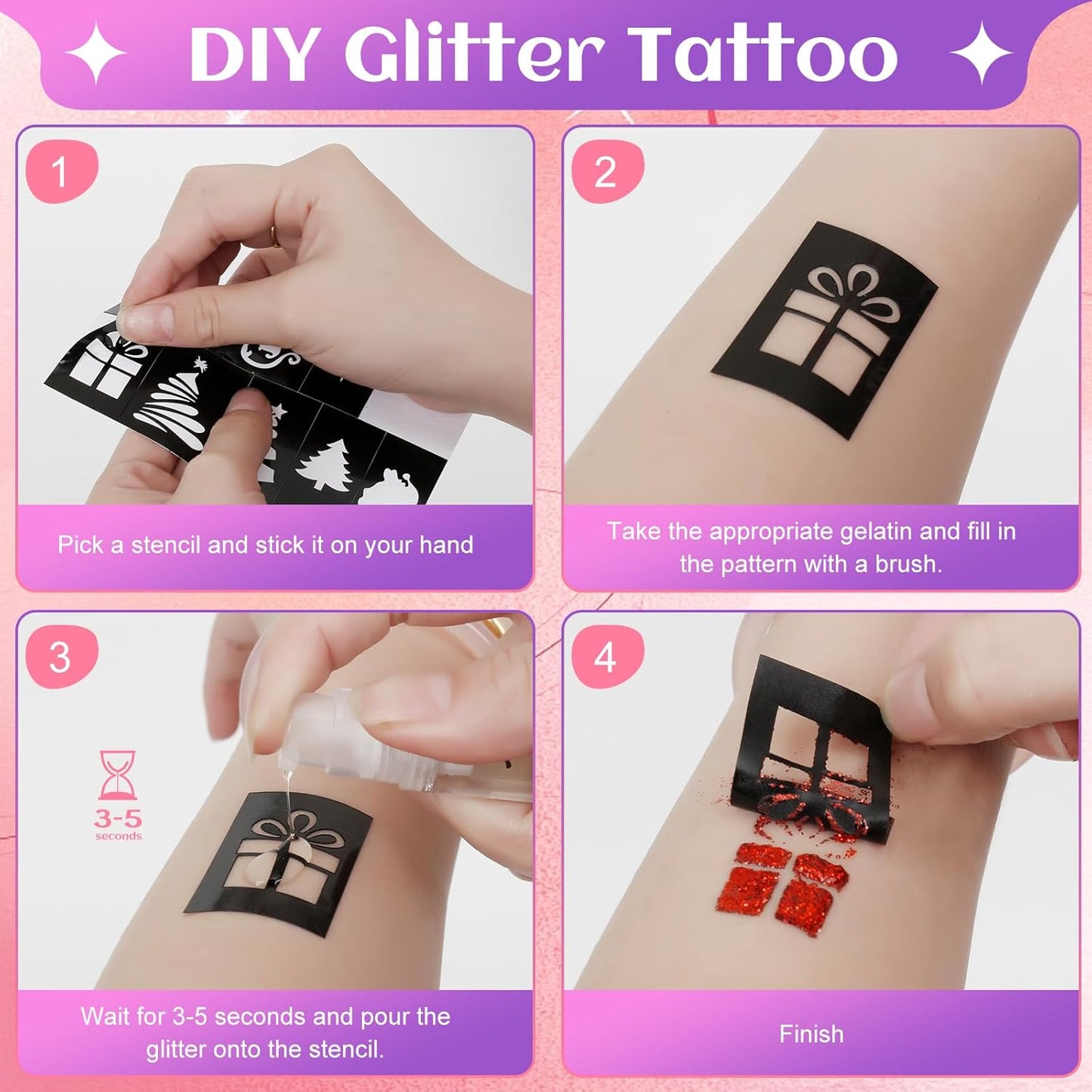 Glitzer Tattoo Set Kinder, Tattoo Stifte, Temporäre Glitzertattoo für Mädchen, Glitzer Tattoo mit 6 Farben,80 Schablonen