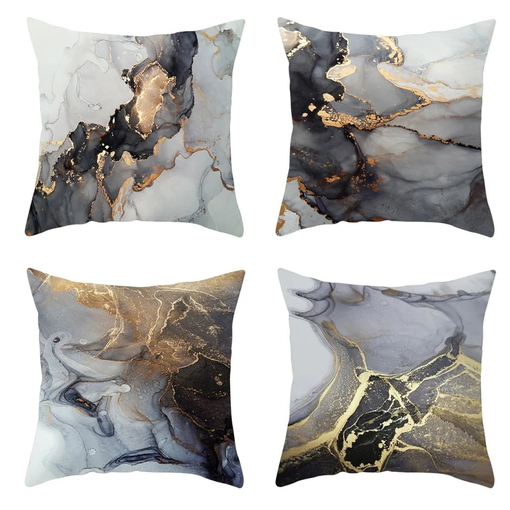 LTDKAEN Graue Marmor-Textur-Kissenbezüge, 45 x 45 cm, 4 Stück, schwarz-goldene Tusche, Heimdekoration,