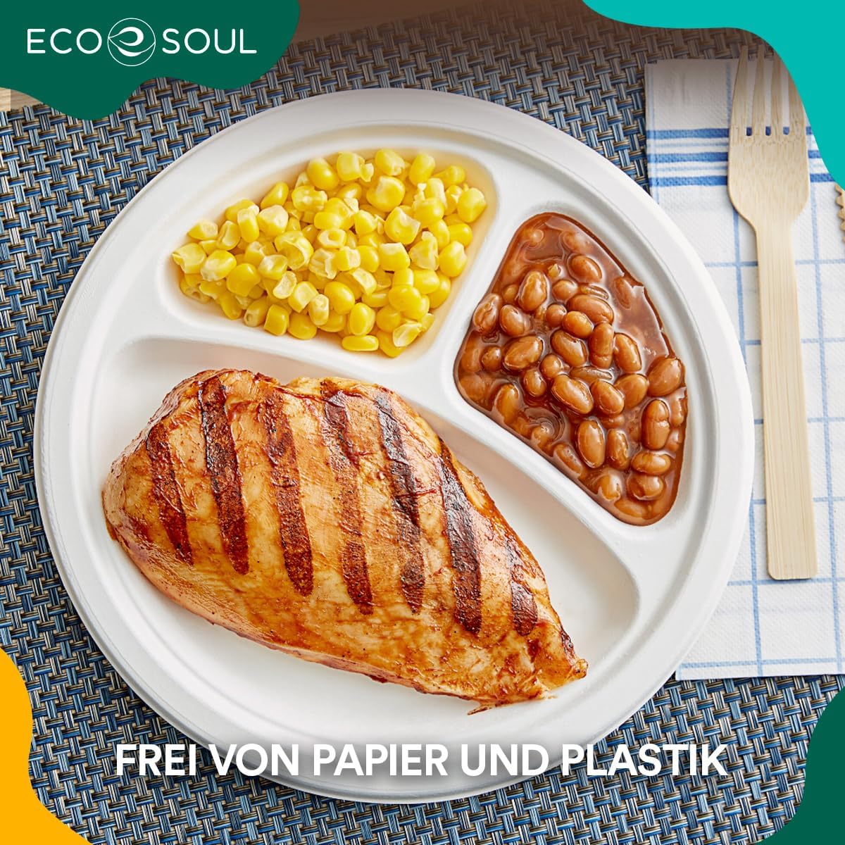 ECO SOUL Pearl White 25cm Runde Bagasse Pappteller mit 3 Fächern (100 Stück), Einweggeschirr und 100% Kompostierbar