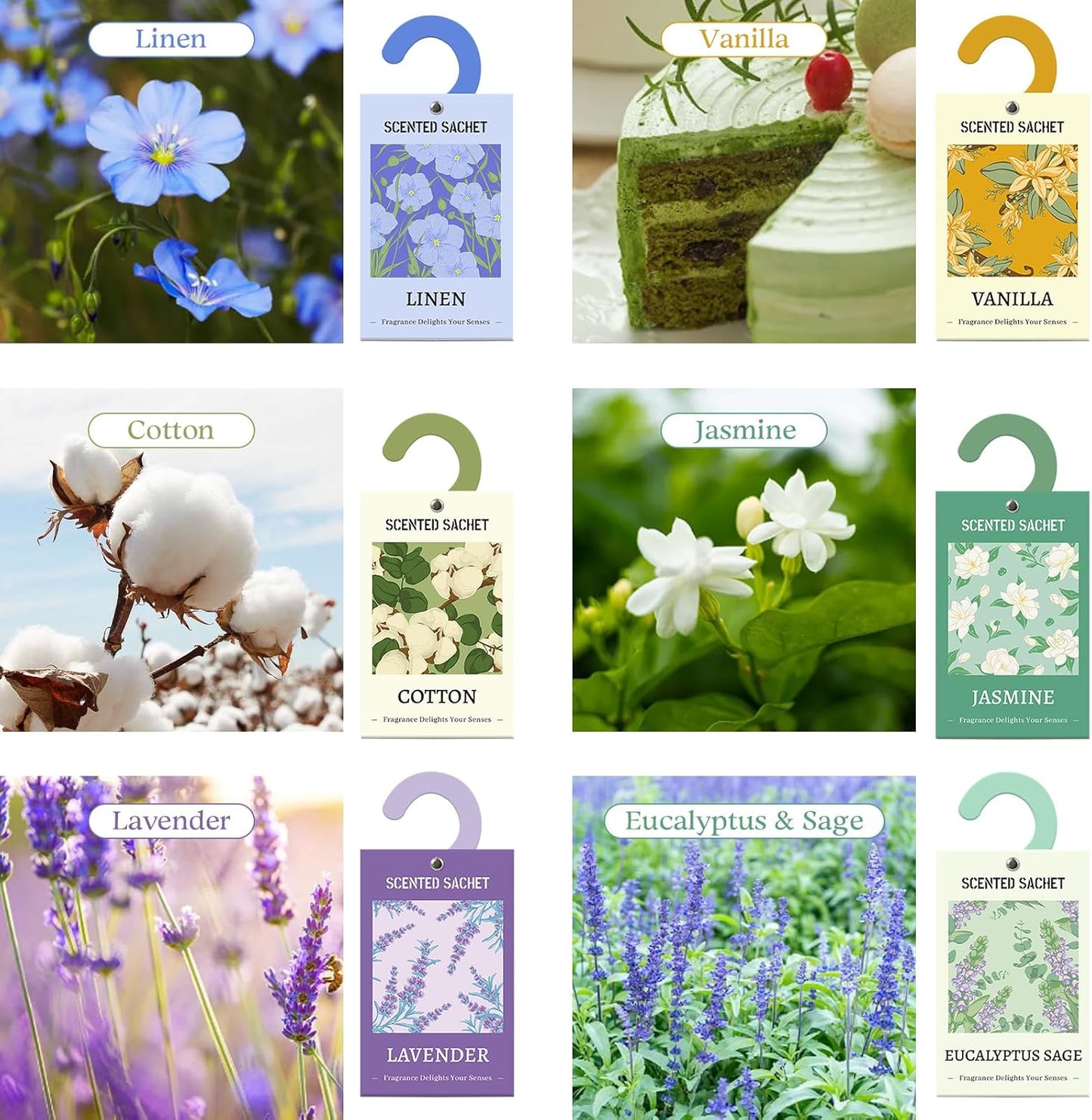 SCENTORINI Duftsachets , Jasmin, Eukalyptus Salbei, Lavendel, Vanille, Duftsäckchen Autos, Raumduft, Beseitigung von Gerüchen, 20g x 6