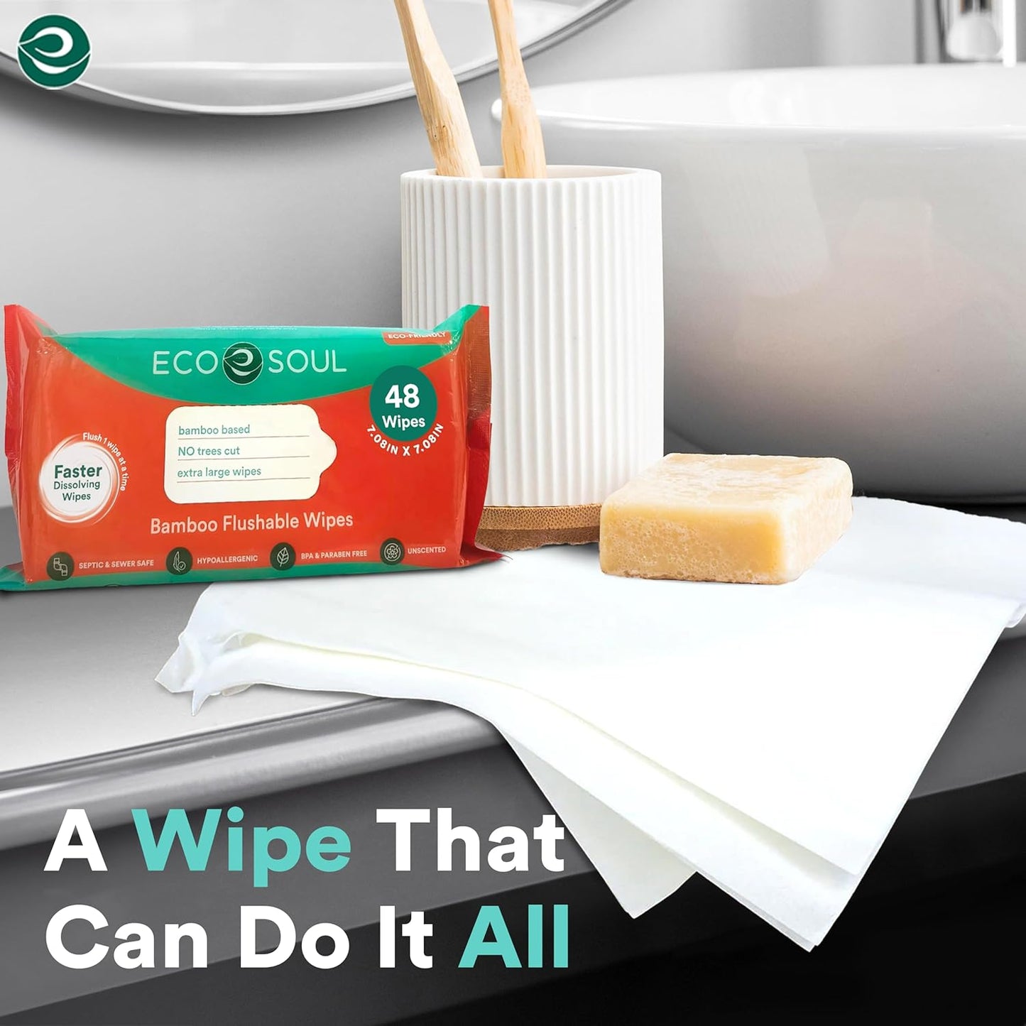 ECO SOUL Bamboo Spülbare Toilettentücher für Erwachsene – parfümfrei | 4 Packungen à 48 Stück