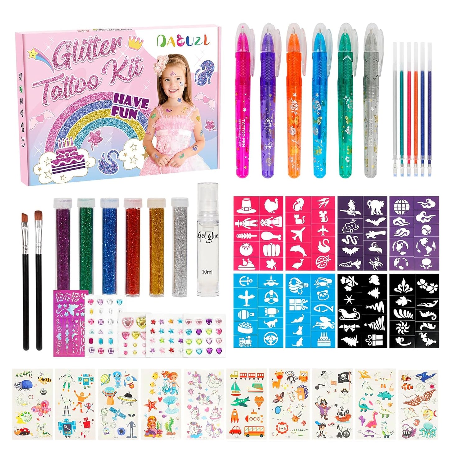 Glitzer Tattoo Set Kinder, Tattoo Stifte, Temporäre Glitzertattoo für Mädchen, Glitzer Tattoo mit 6 Farben,80 Schablonen