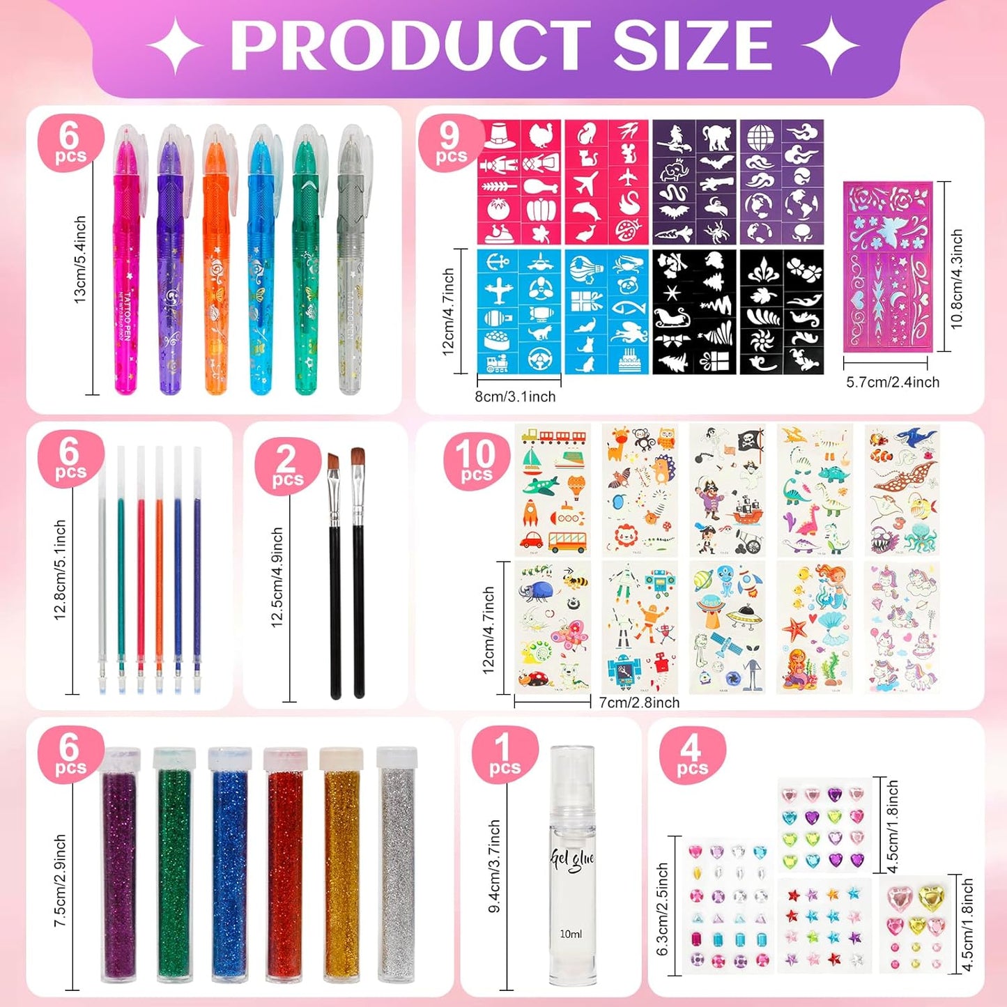 Glitzer Tattoo Set Kinder, Tattoo Stifte, Temporäre Glitzertattoo für Mädchen, Glitzer Tattoo mit 6 Farben,80 Schablonen