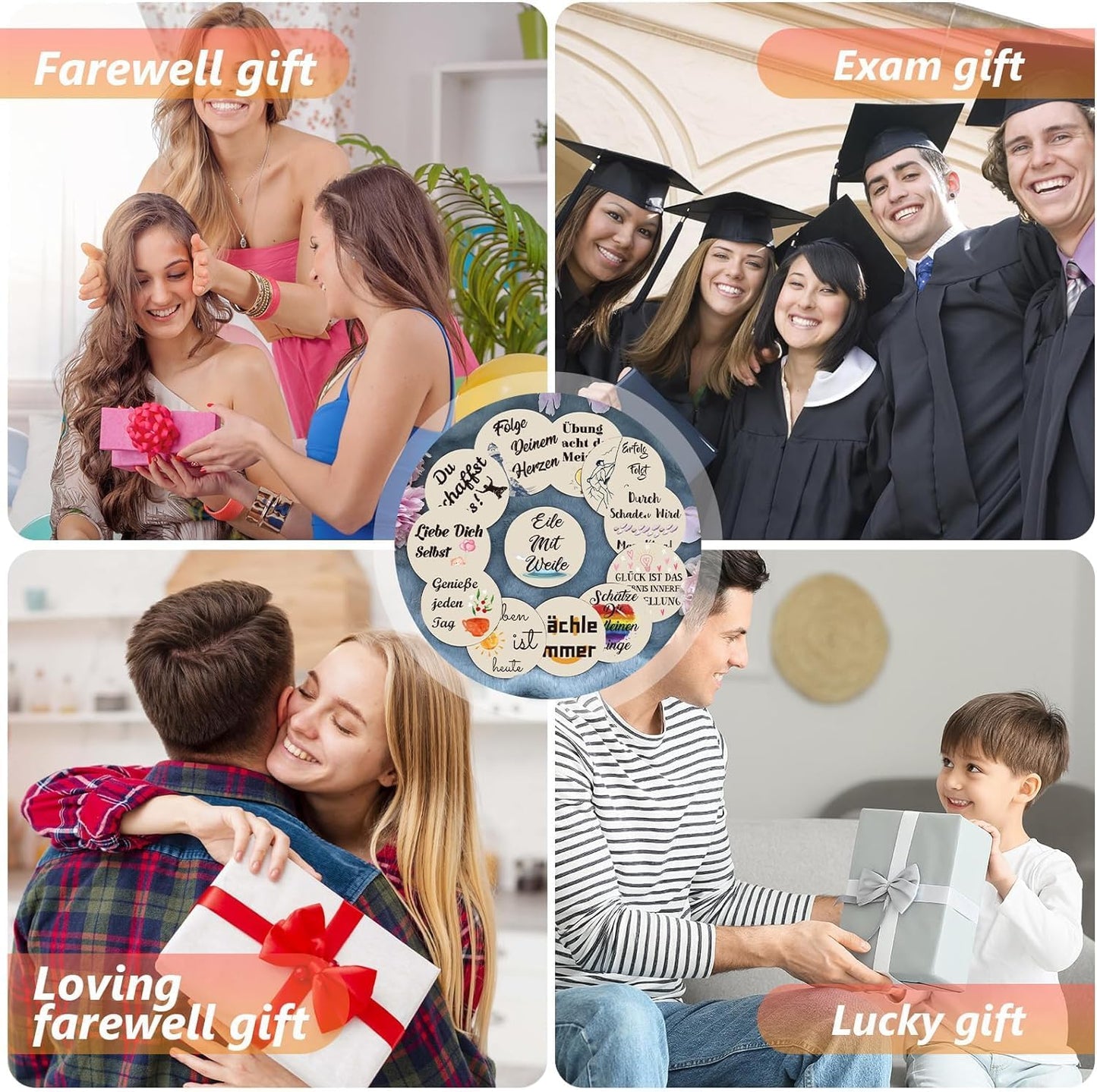 Glücksbringer aus Holz, 24 Stück Mutmacher Geschenk, Sprüche Motivation Glücksbringer Tischdeko