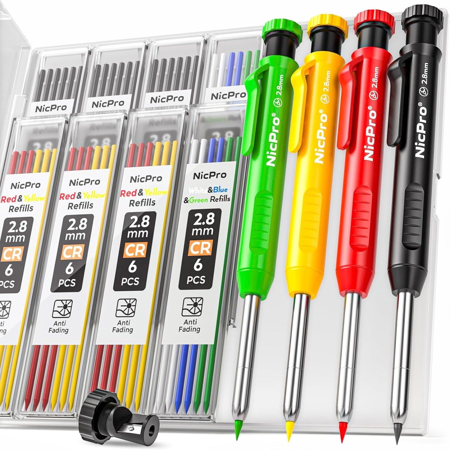Nicpro 4er-Pack Zimmermannsbleistifte mit Anspitzer und Kappe, mechanisches Tischlerbleistift-Set mit 52 Nachfüllminen,