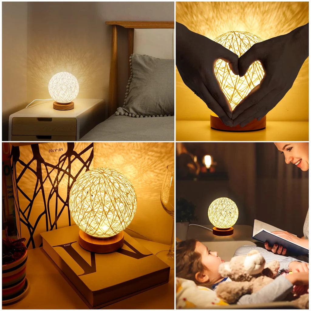 DEECOZY LED Nachttischlampe aus Holz mit handgewebtem Lampenschirm mit USB-Ladegerät Nachtlicht Nachtlampe für Wohnzimmer