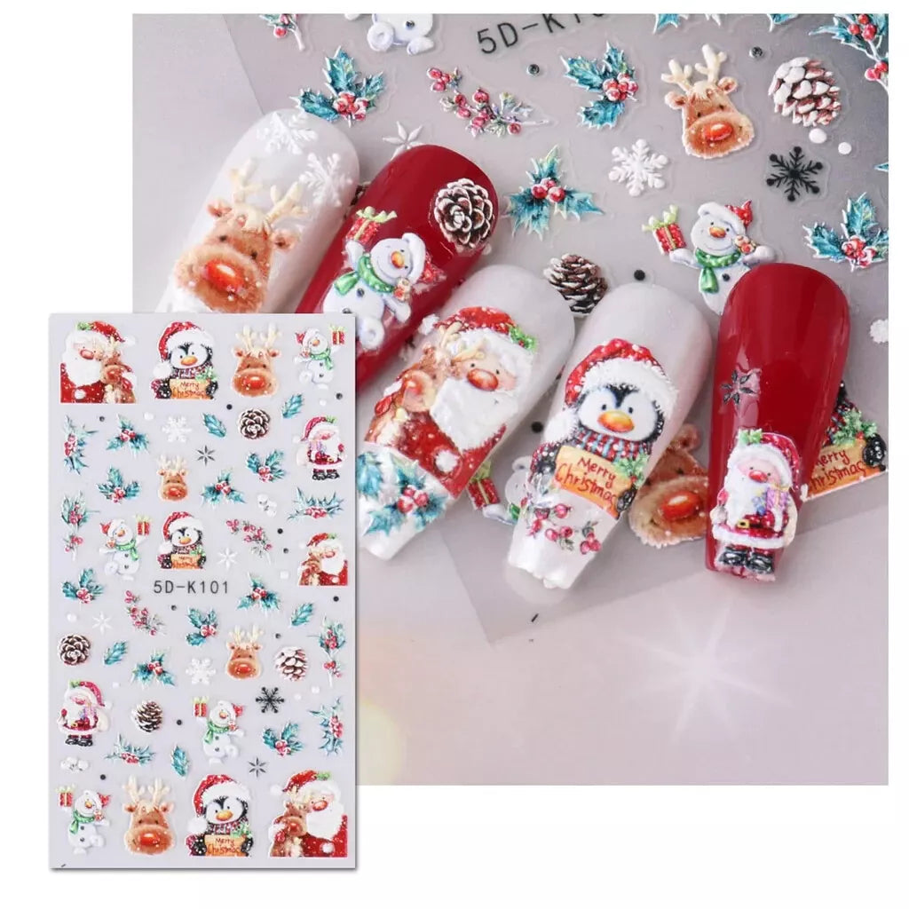 3D-Nagelaufkleber Weihnachten, 4 Bögen 5D selbstklebende Nagelaufkleber