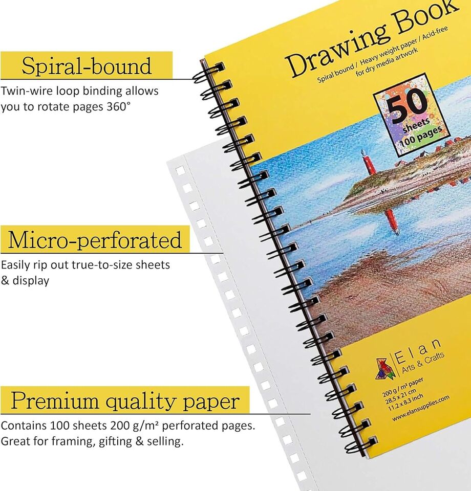 Elan Zeichenbuch A4, 50 Blatt 200gsm Glattes Papier, Drawing Book A4 2er Pack