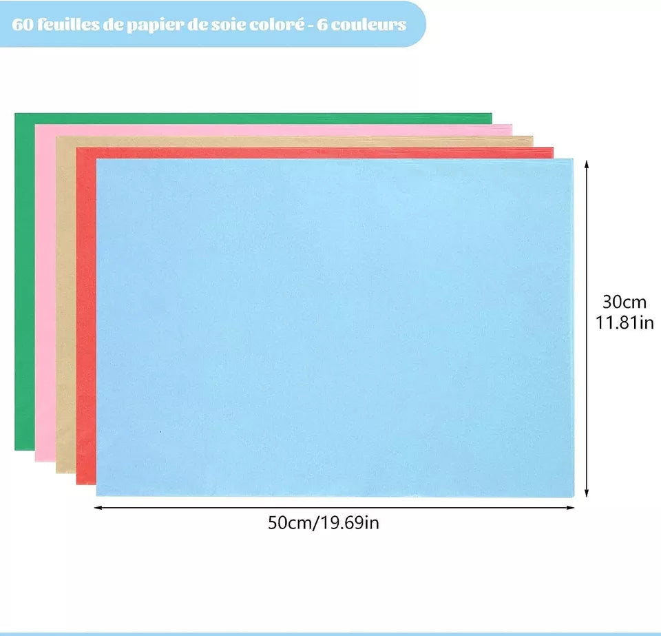 60 Blatt Seidenpapier Bunt, 50 x 30 cm 6 Farben Seidenpapier zum Verpacken, Bunt