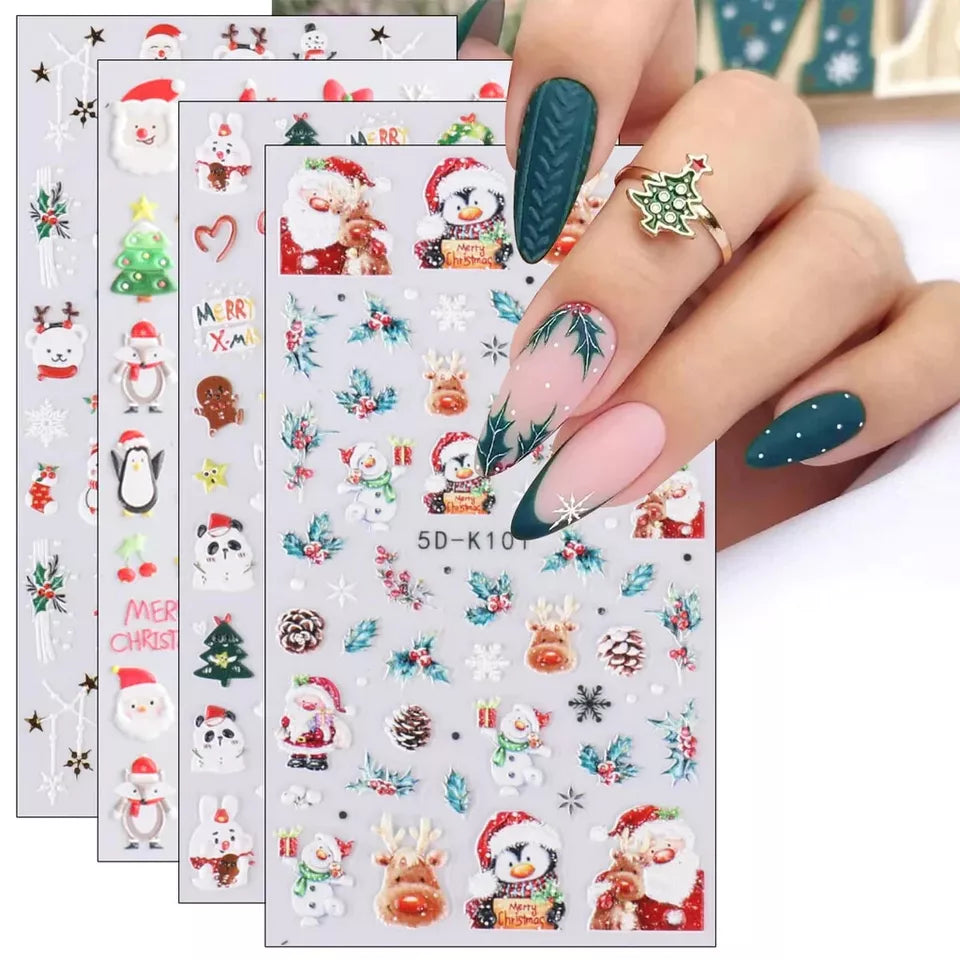 3D-Nagelaufkleber Weihnachten, 4 Bögen 5D selbstklebende Nagelaufkleber
