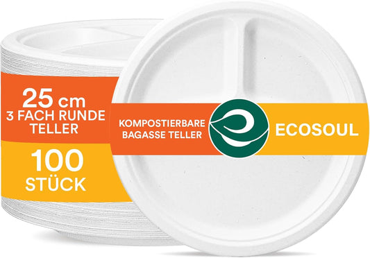 ECO SOUL Pearl White 25cm Runde Bagasse Pappteller mit 3 Fächern (100 Stück), Einweggeschirr und 100% Kompostierbar