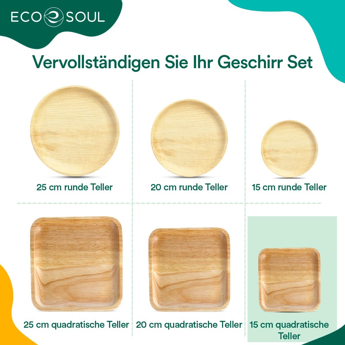 ECO SOUL 100% kompostierbare 15 cm, quadratische Palmblatt Teller [25 Stück] |Premium Palmblatt Geschir | Robuste