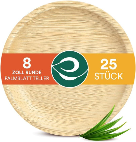 ECO SOUL 100% kompostierbare 20 cm, runde Palmblatt Teller [25 Stück] I Premium Palmblatt Geschir I Robuste, Bio Einweg Teller
