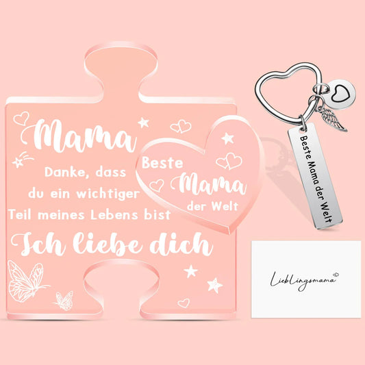 Geschenkset für Mama, Acrylblock-Puzzle, „Beste Mama“-Schlüsselanhänger