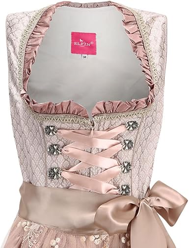 ELFIN Damen Midi Dirndl Elegante Trachtenkleid für Oktoberfest inkl. Spitzen Dirndlschürze Gr. 46
