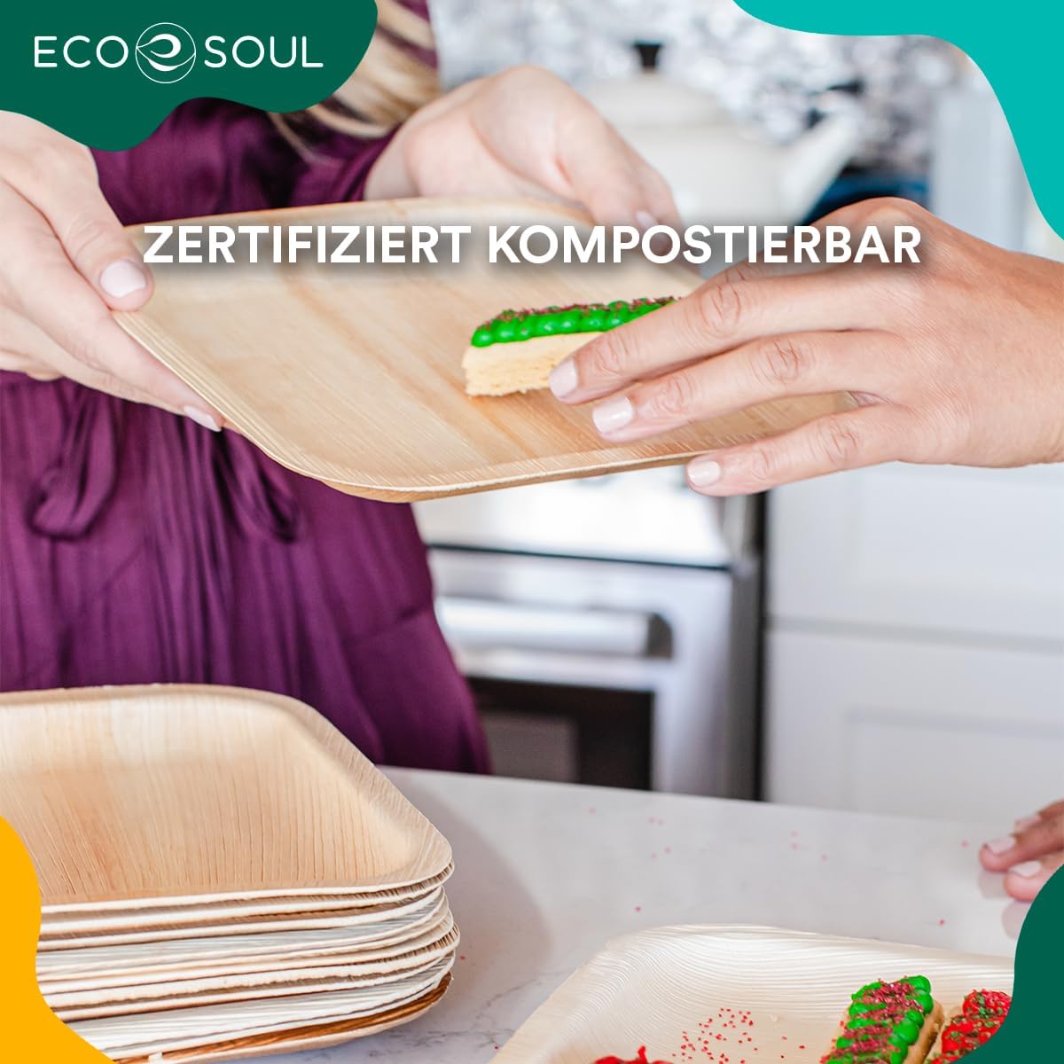 ECO SOUL 100% kompostierbare 15 cm, quadratische Palmblatt Teller [25 Stück] |Premium Palmblatt Geschir | Robuste