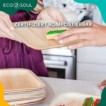 ECO SOUL 100% kompostierbare 15 cm, quadratische Palmblatt Teller [25 Stück] |Premium Palmblatt Geschir | Robuste