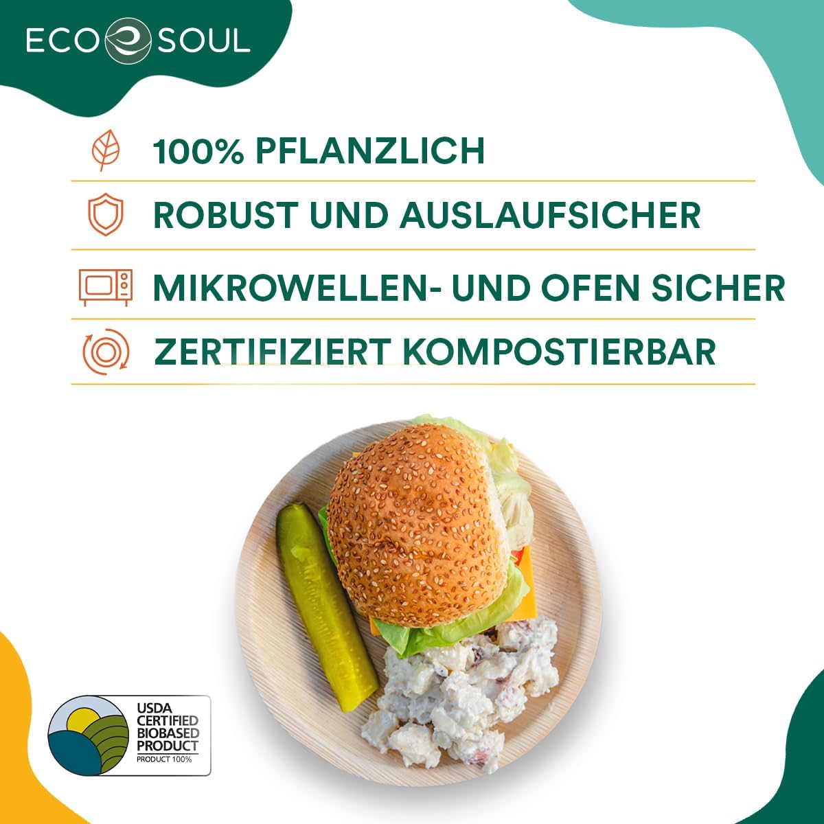ECO SOUL 100% kompostierbare 20 cm, runde Palmblatt Teller [25 Stück] I Premium Palmblatt Geschir I Robuste, Bio Einweg Teller