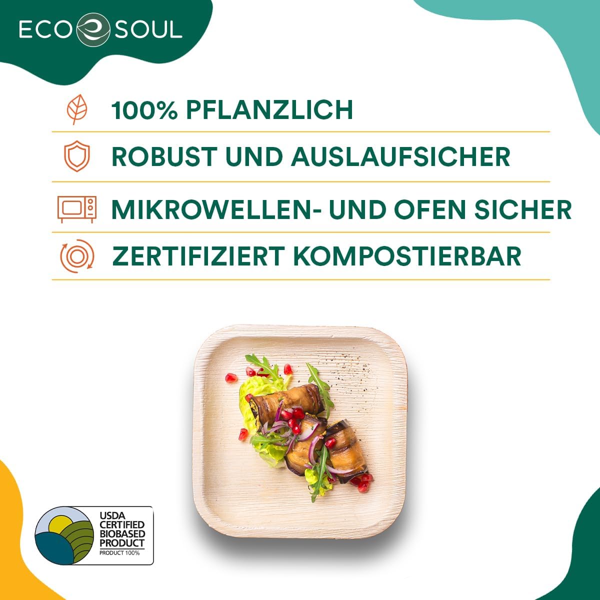 ECO SOUL 100% kompostierbare 15 cm, quadratische Palmblatt Teller [25 Stück] |Premium Palmblatt Geschir | Robuste