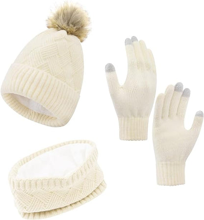 Winter Damen Strickmütze Kombiset, Mütze, Schal, Handschuhe