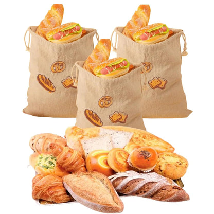 3er Pack Brotbeutel aus Leinen, wiederverwendbarer Bäckerleinen Brotbeutel, Brotbeutel mit Kordelzug, für Beutel für Brot, Baguette