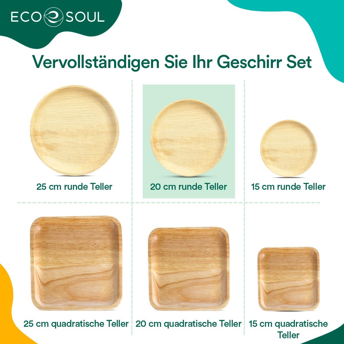 ECO SOUL 100% kompostierbare 20 cm, runde Palmblatt Teller [25 Stück] I Premium Palmblatt Geschir I Robuste, Bio Einweg Teller
