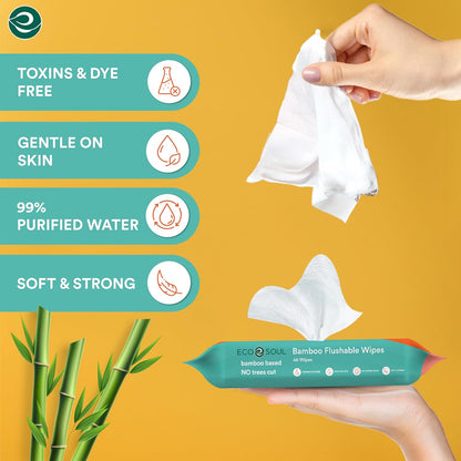 ECO SOUL Bamboo Spülbare Toilettentücher für Erwachsene – parfümfrei | 4 Packungen à 48 Stück