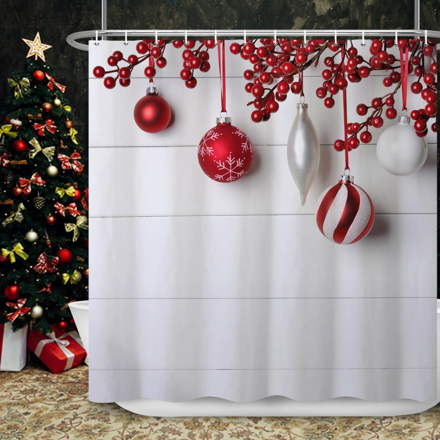 Ttincceer Weihnachten Duschvorhang 180x200cm Retro Weiß Holz Rot Weiß Weihnachten Ball Badezimmer Vorhang Modern Neujahr