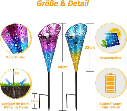 Solarlampen für Außen Garten 2 Stück, Metall Solarleuchten für Außen mit Erdspieß, LED Solar Gartenleuchten