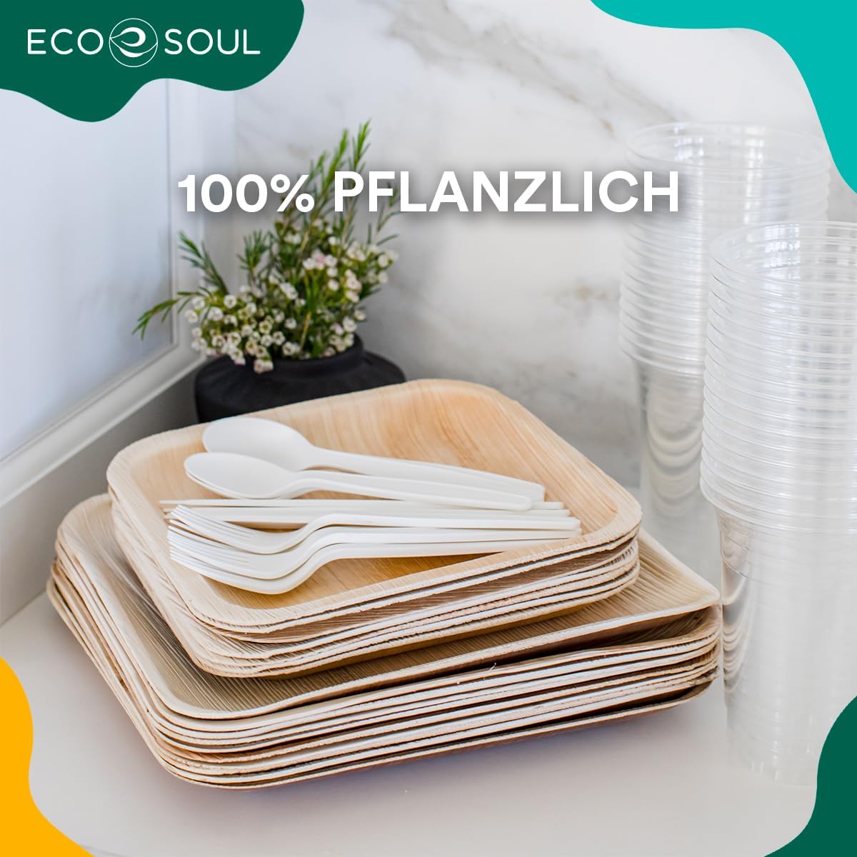 ECO SOUL 100% kompostierbare 15 cm, quadratische Palmblatt Teller [25 Stück] |Premium Palmblatt Geschir | Robuste