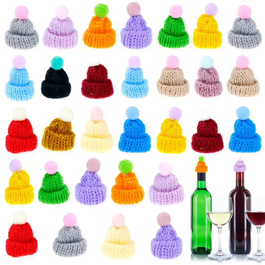 30 Mini-Weinflaschenhüte, weihnachtliche gestrickte Fingermützen, Weinflaschenhut, DIY-Basteldekoration für Party