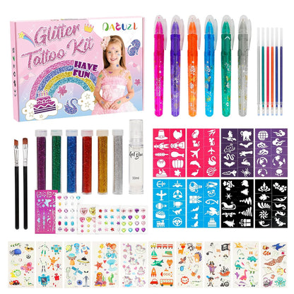 Glitzer Tattoo Set Kinder, Tattoo Stifte, Temporäre Glitzertattoo für Mädchen, Glitzer Tattoo mit 6 Farben,80 Schablonen