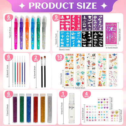 Glitzer Tattoo Set Kinder, Tattoo Stifte, Temporäre Glitzertattoo für Mädchen, Glitzer Tattoo mit 6 Farben,80 Schablonen
