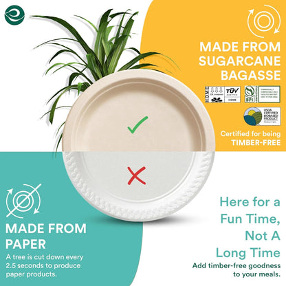 ECO SOUL Runde 9” (23cm) Bagasse Pappteller Set Beige (400 Stück) Einweggeschirr und 100% Kompostierbar