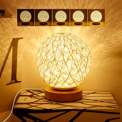 DEECOZY LED Nachttischlampe aus Holz mit handgewebtem Lampenschirm mit USB-Ladegerät Nachtlicht Nachtlampe für Wohnzimmer