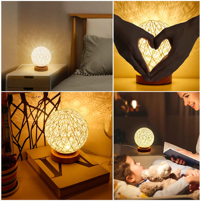 DEECOZY LED Nachttischlampe aus Holz mit handgewebtem Lampenschirm mit USB-Ladegerät Nachtlicht Nachtlampe für Wohnzimmer