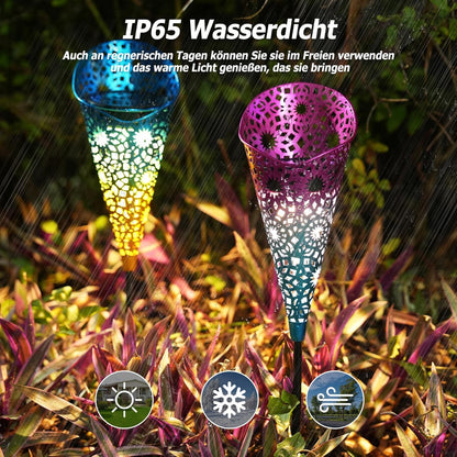 Solarlampen für Außen Garten 2 Stück, Metall Solarleuchten für Außen mit Erdspieß, LED Solar Gartenleuchten