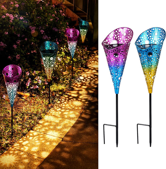 Solarlampen für Außen Garten 2 Stück, Metall Solarleuchten für Außen mit Erdspieß, LED Solar Gartenleuchten