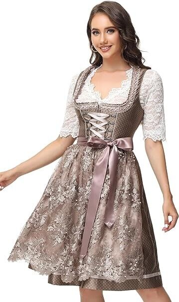 ELFIN Damen Midi Dirndl Elegante Trachtenkleid Gr. 34