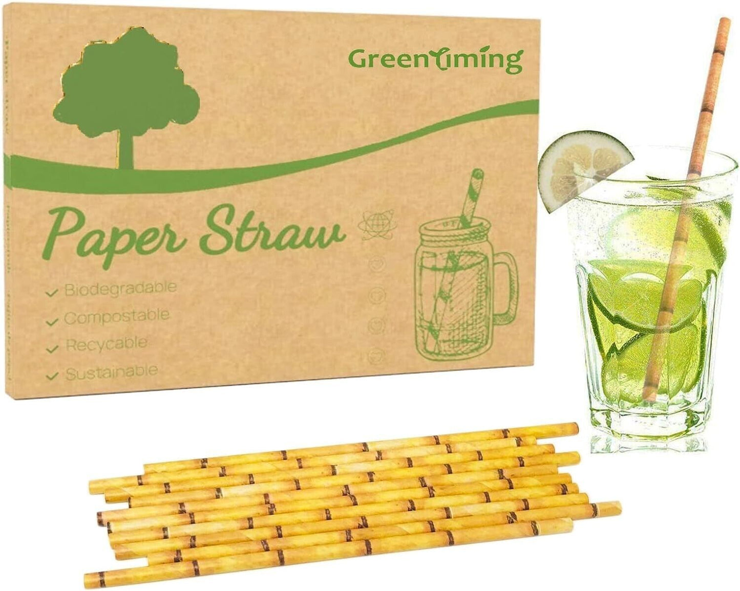 Strohhalme Papier 125 Stück, Plastikfreie Trinkhalme , Bambus-Optik Papier
